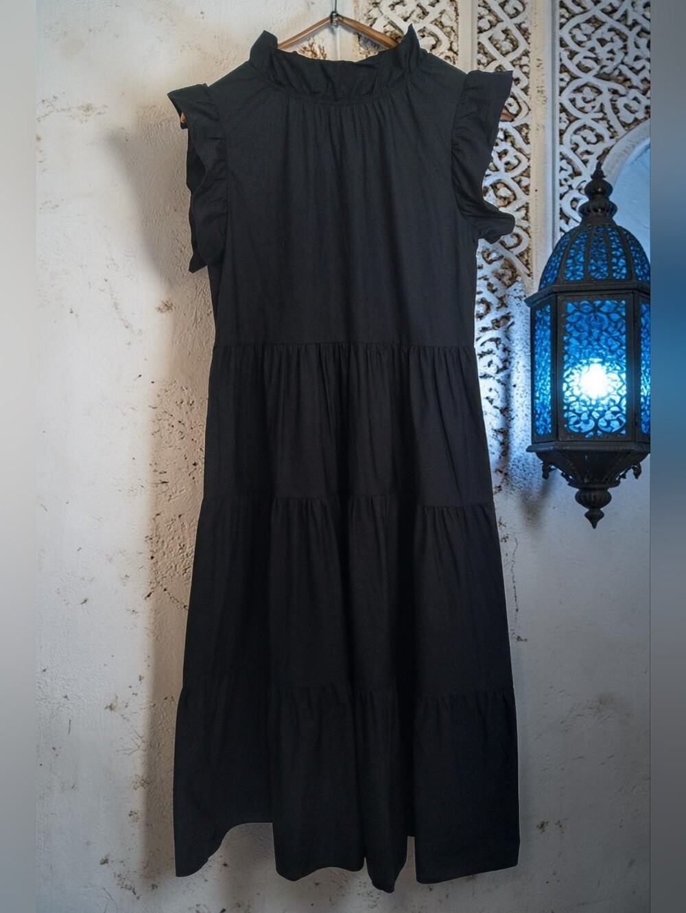 New Chepé 100% Cotton Black Tiered Maxi Dress Ruffle Sleeves Made In Italy 🇮🇹 - Picture 2 of 14